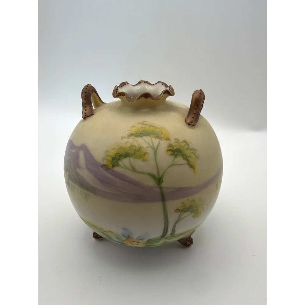 Antique Nippon Hand Painted Porcelain Tripod Vase Landscape Moriage 4 Inch
